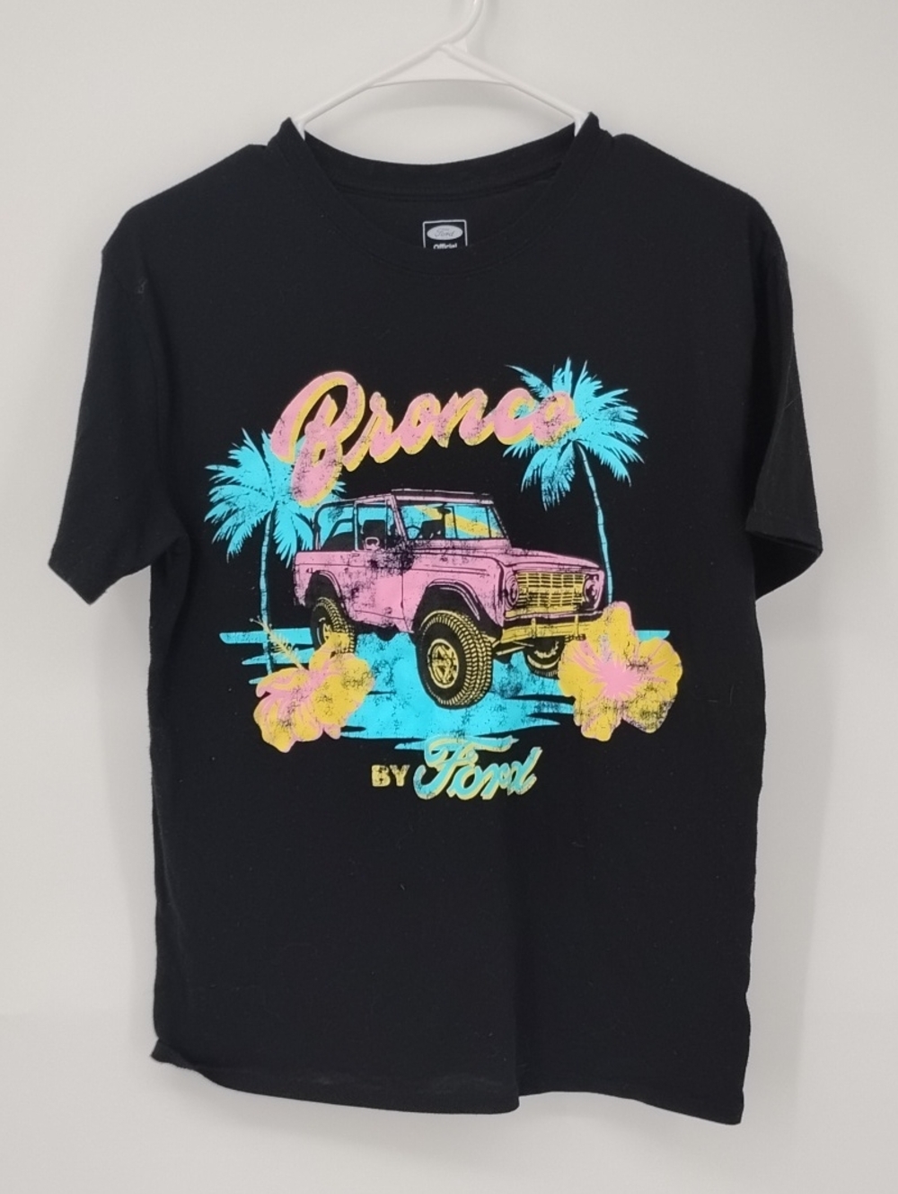 Ford Kids Black Tee with Pink Bronco and Neon Graphics XL 14